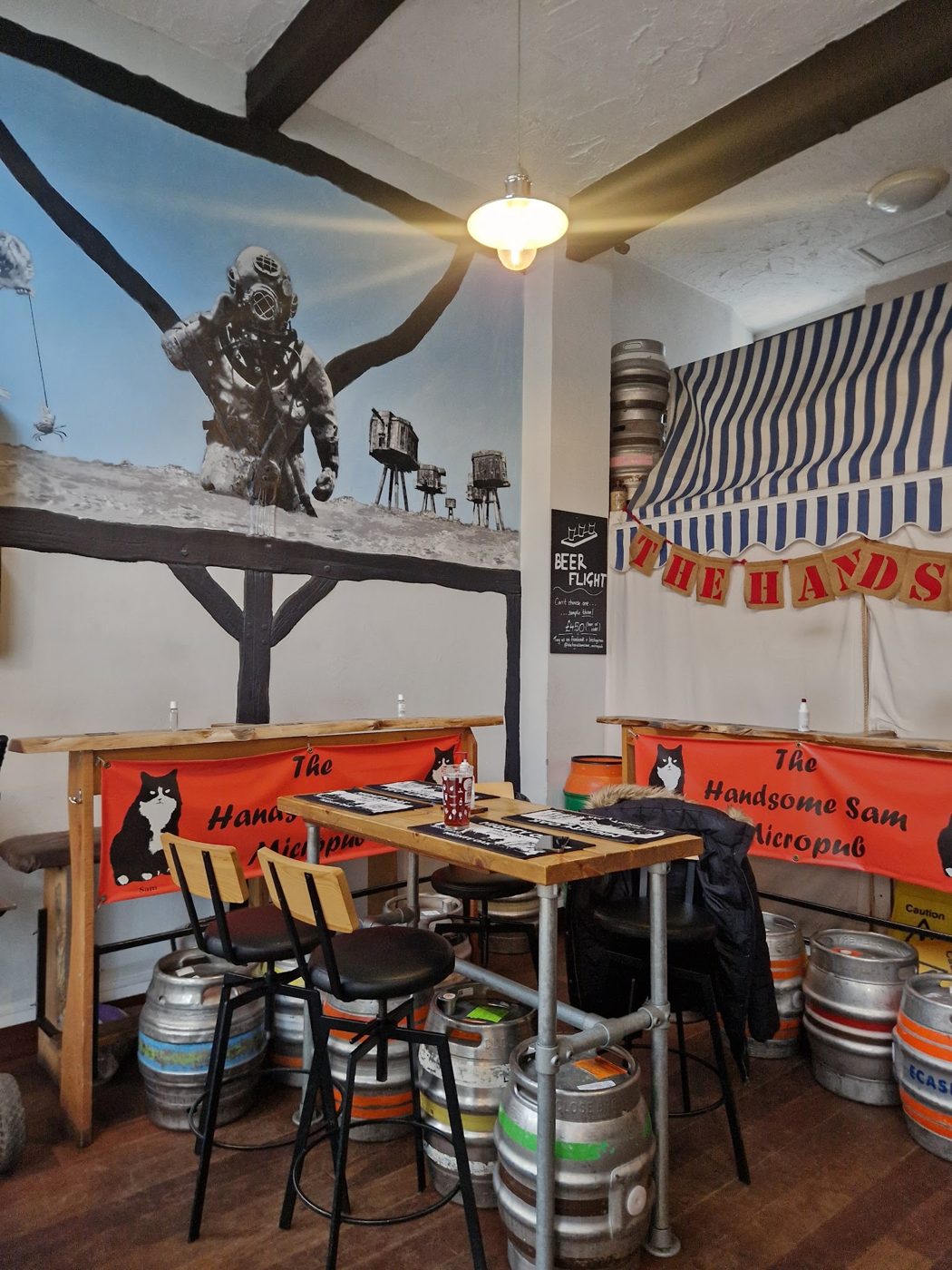 Tables and stools with casks beneath them